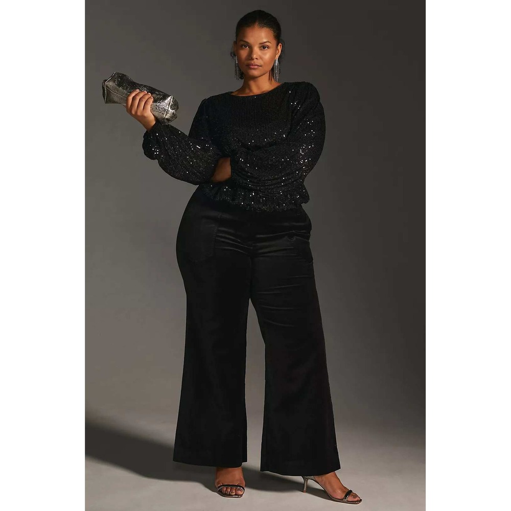Maeve Anthropologie Naomi Velvet Trousers Size 16 Tall Black Wide Leg Winter